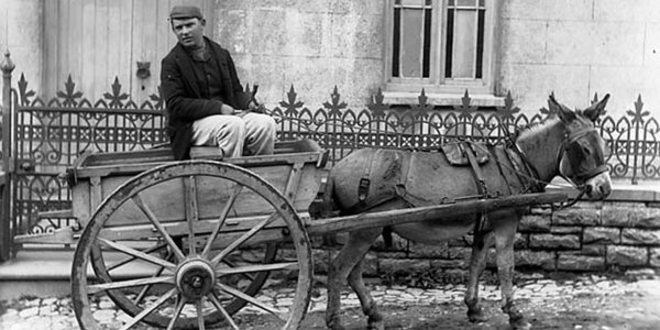 'A man in a cart drawn by a donkey' gan John Thomas