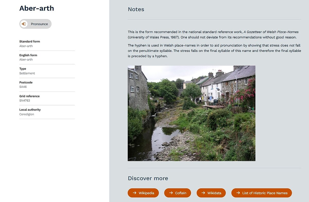 Sgrin lun o dudalen amdano Aberarth, Ceredigion o wefan newydd Comisiynydd y Gymraeg wrth gynnwys gwybodaeth, delweddau, data, a chlipiau sain o Wikidata ynghyd a dolennau i wefannau arall gyda chyfnod ar gyfer Aberarth..