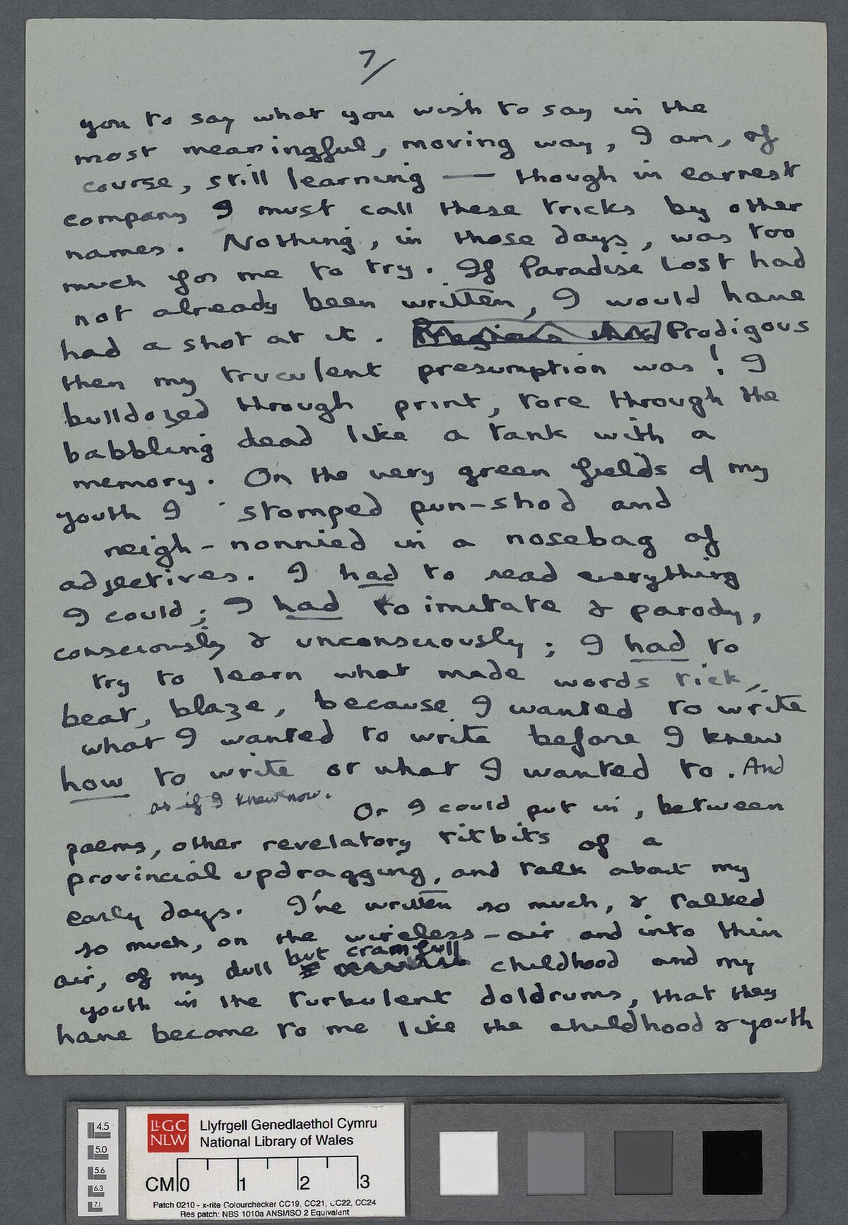 Seithfed tudalen drafft, yn cynnwys nifer o newidiadau, o gyflwyniad i ddarlleniad barddoniaeth gan Dylan Thomas.