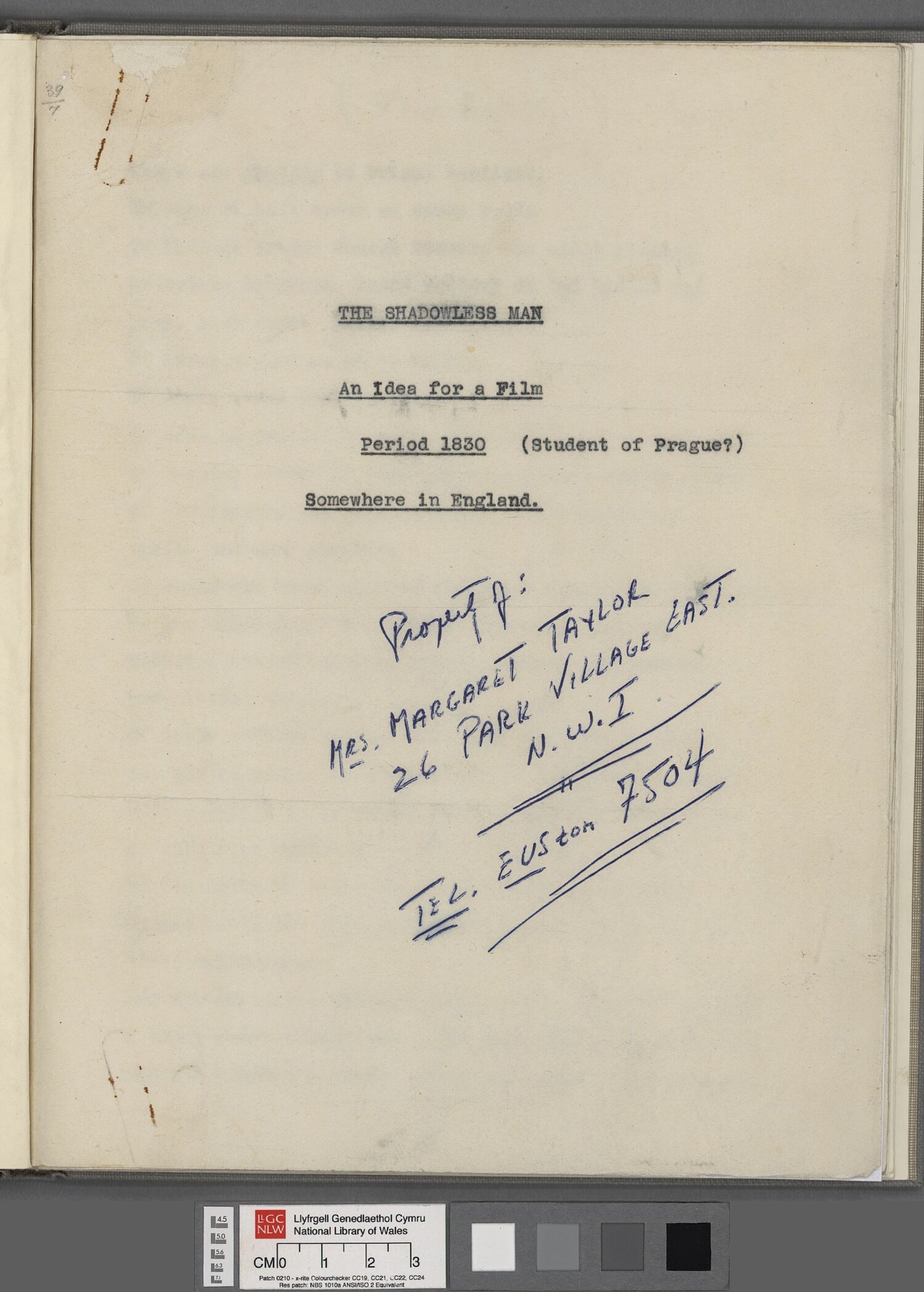 Sgript 'The Shadowless Man', sef prosiect ar gyfer ffilm gan Dylan Thomas.