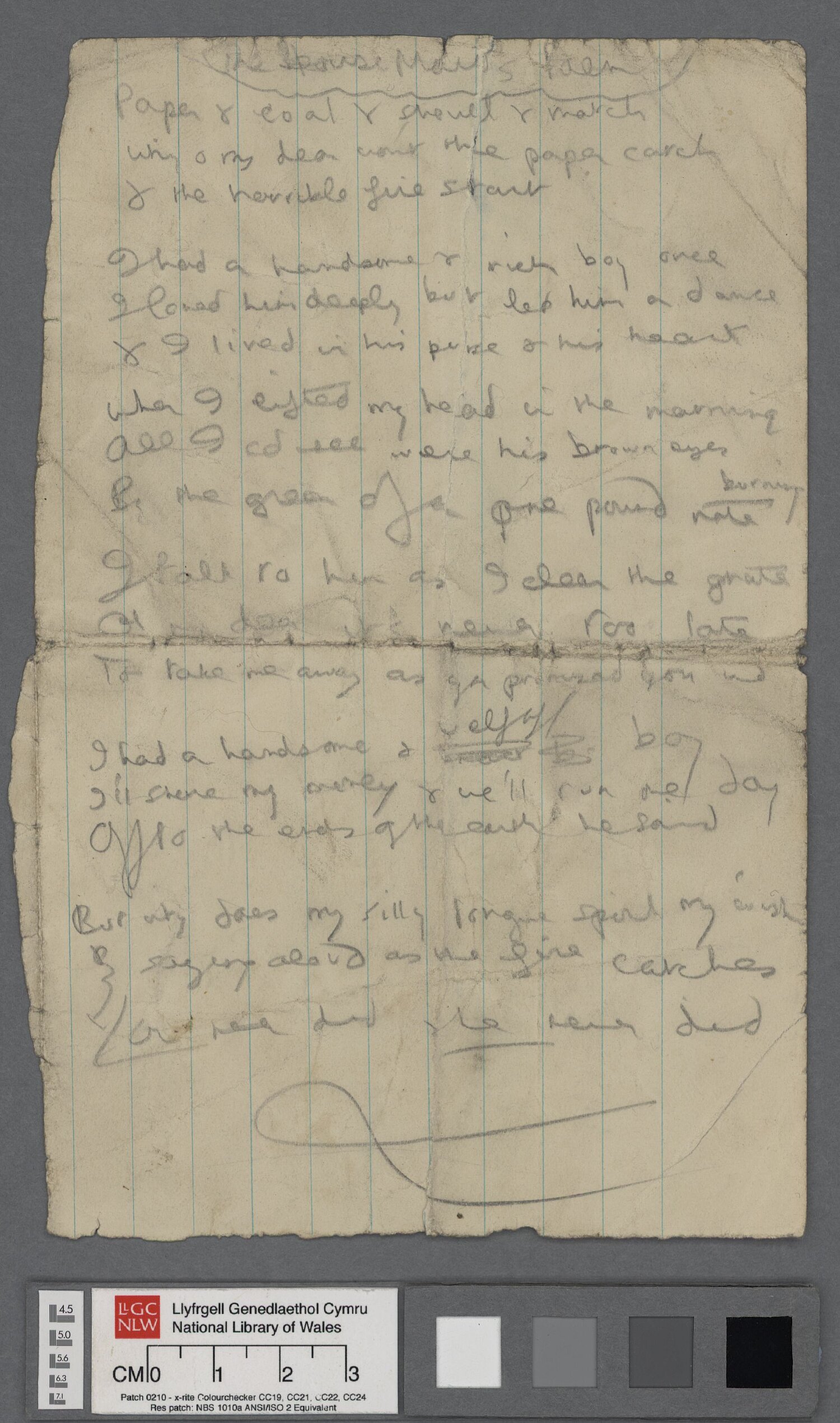 Drafft cynnar o'r gerdd 'The House Maid's Poem', a gyhoeddwyd yn hwyrach fel 'Paper and Sticks'.