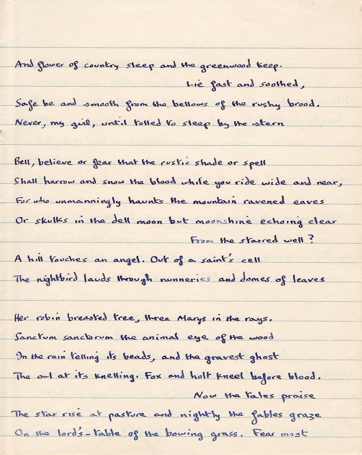 Drafft o'r gerdd, 'In Country Sleep', o Lyfr Nodiadau 1949-1951.