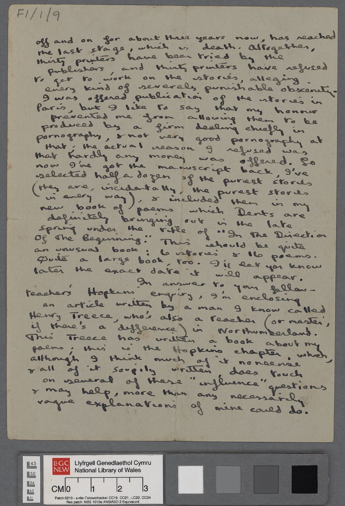 Ail dudalen llythyr heb ddyddiad, a ysgrifennwyd o bosibl ym mis Ionawr 1939, at gyn ffrind ysgol Dylan Thomas, Bob Rees, yn cyfeirio at Abertawe, ac yn trafod ‘In the direction of the beginning', a dylanwad Gerard Manley Hopkins ar ei ysgrifennu.
