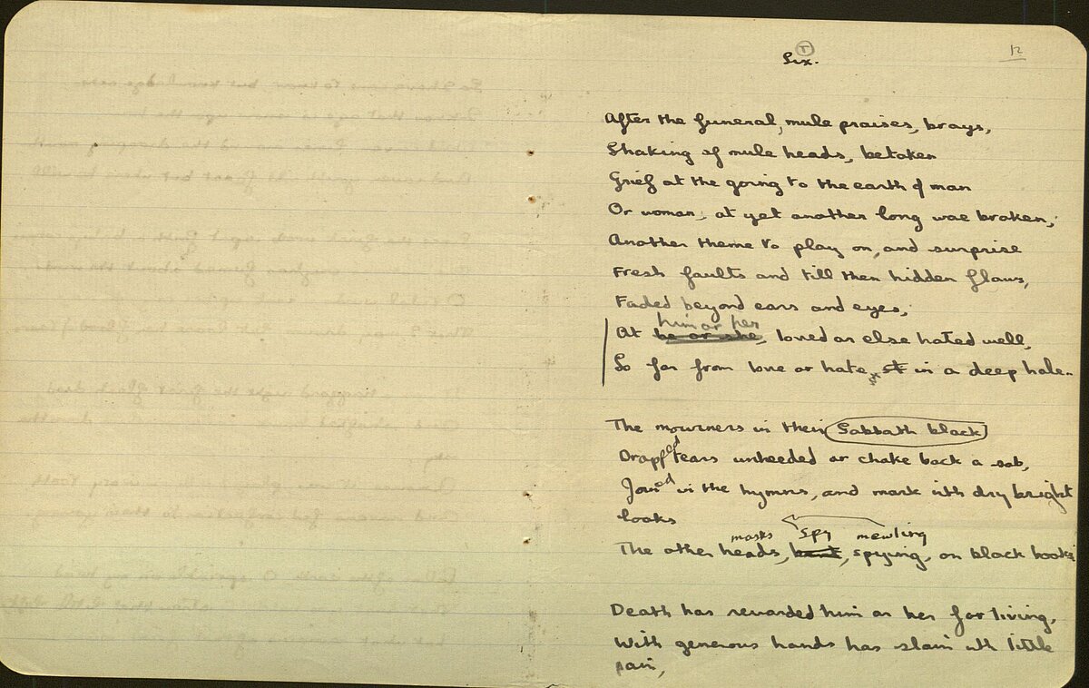 [Translate to Cymraeg:] Drafft o'r gerdd, 'After the Funeral', o Lyfr Nodiadau 1933.
