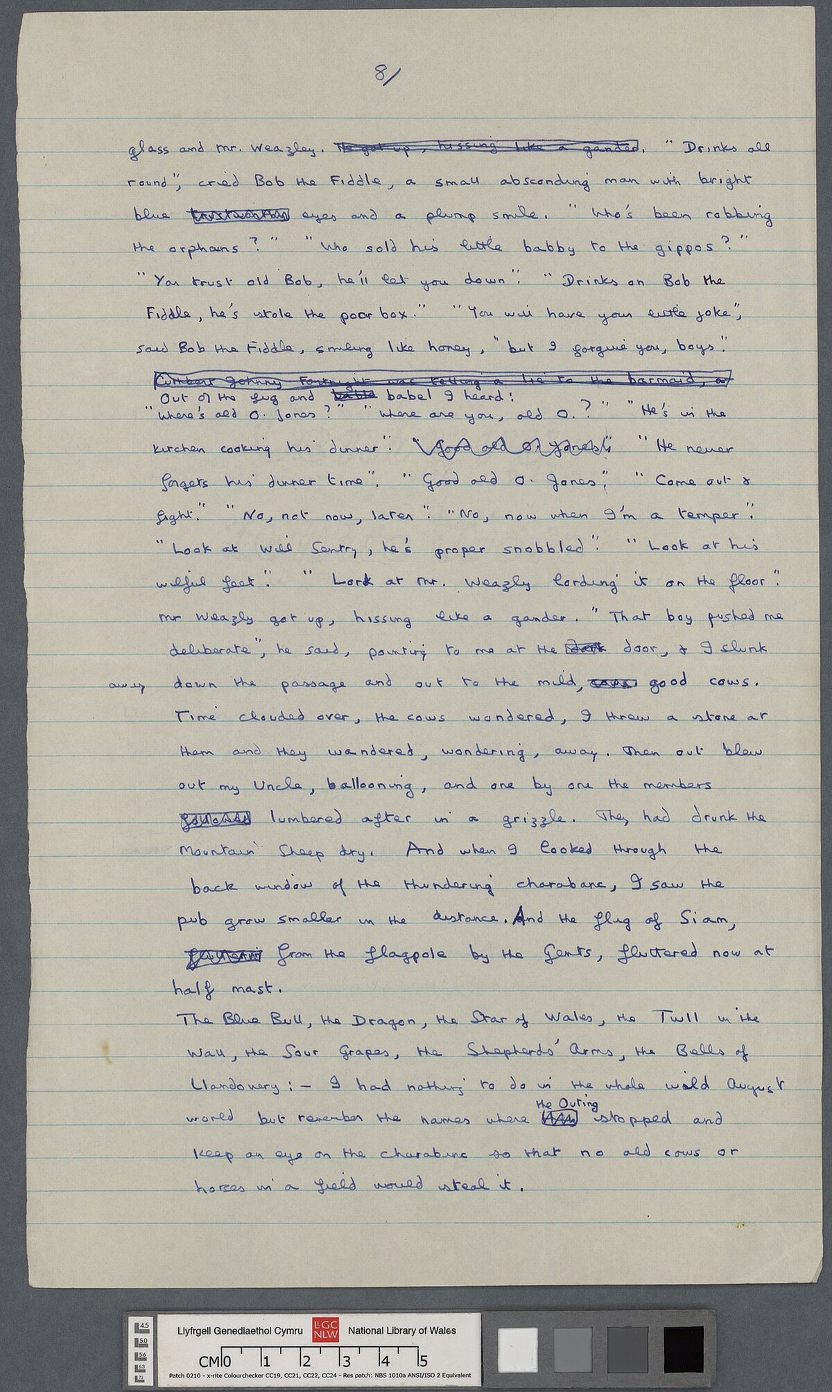 Trydedd dudalen drafft llawysgrif o un o storïau enwocaf Dylan, 'A Story', neu, 'The Outing'.