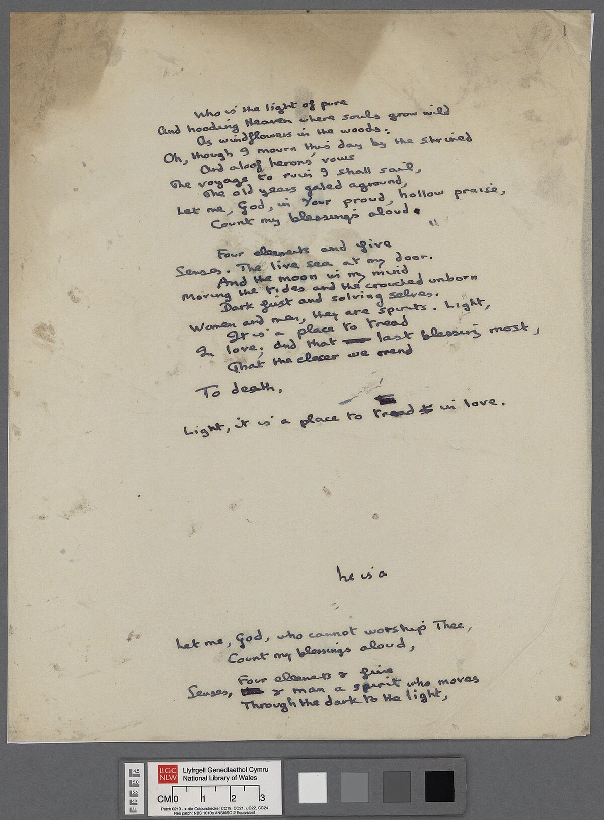 Taflenni gwaith a luniwyd gan Dylan Thomas wrth gyfansoddi 'Poem on his Birthday', cerdd i ddathlu ei ben blwydd yn dri deg a phum mlwydd oed yn 1949.