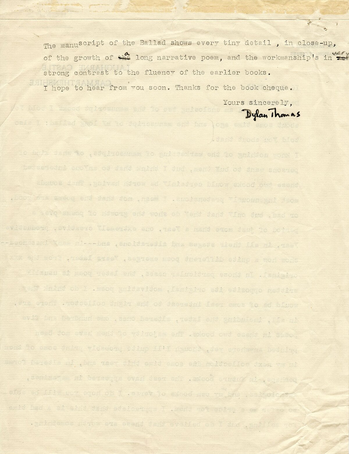 Llythyr oddi wrth Dylan Thomas at Bertram Rota, 16 Mehefin 1941.