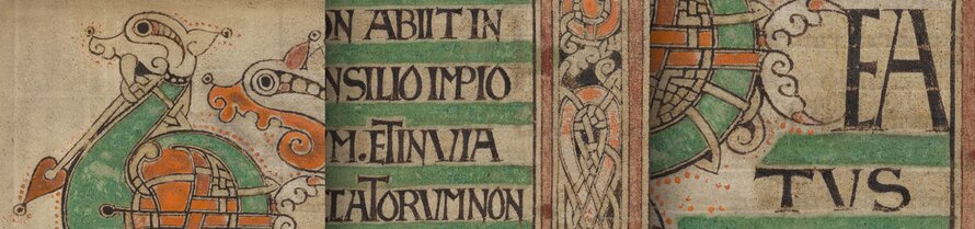 Addurniadau mewn arlliwiau o goch, oren a gwyrdd, yn cynnwys darluniadau o anifeiliaid, o lawysgrif 'Sallwyr Rhygyfarch', Dulyn, Coleg y Drindod Llsgr. 50.