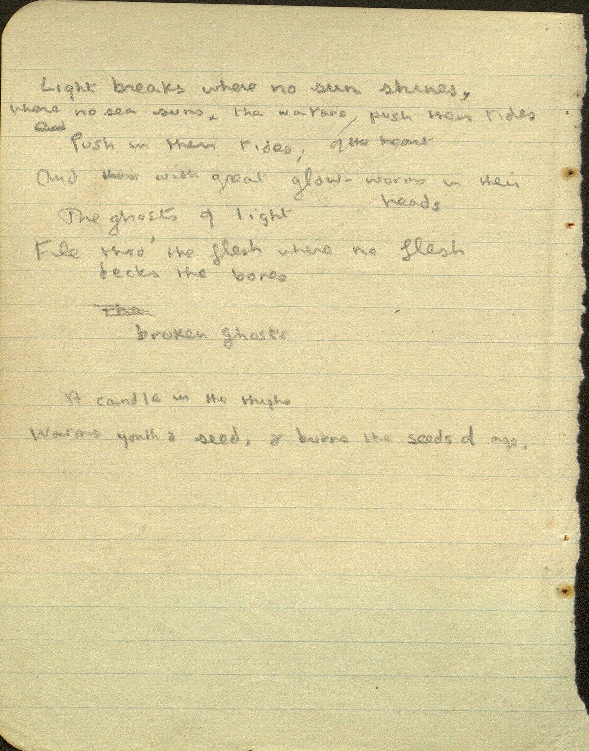 Drafft o'r gerdd, 'Light breaks where no sun shines', o Lyfr Nodiadau 1934.