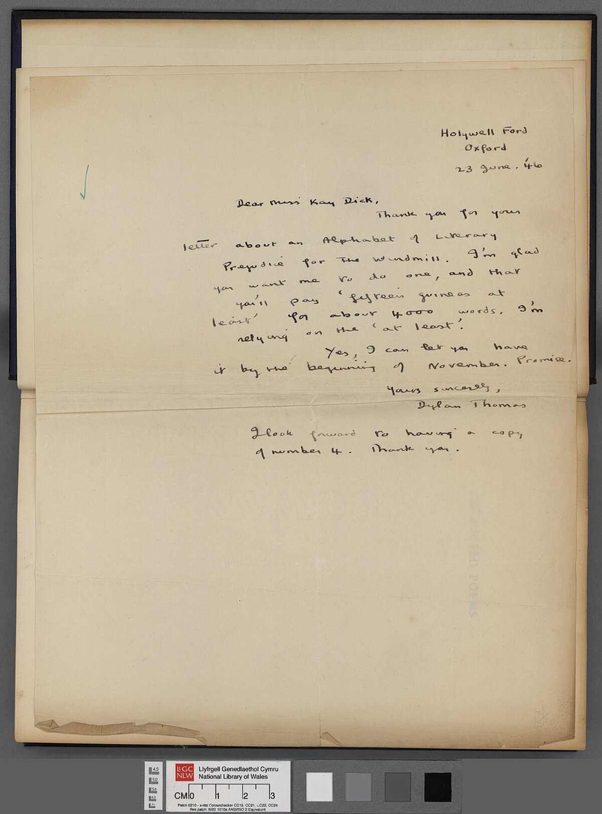 Llythyr at Kay Davies dyddiedig 23 Mehefin 1946 yn derbyn cynnig i lunio 'Alphabet of Literary Prejudice' ar gyfer y Windmill.