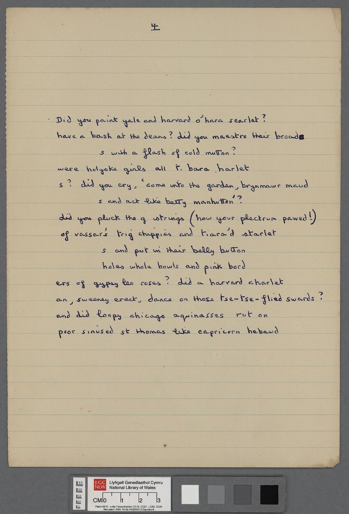 Drafft o 'Letter to Loren' (1951), sef llythyr gan Dylan Thomas wedi'i ysgrifennu ar fydr i'w ffrindiau Lloyd Frankenberg a Loren MacIver wedi iddo dychwelyd i Dalacharn yn dilyn ei daith gyntaf yn America. Ymddengys mae drafft terfynol yw'r llawysgrif hwn, gydag ychydig newidiadau.