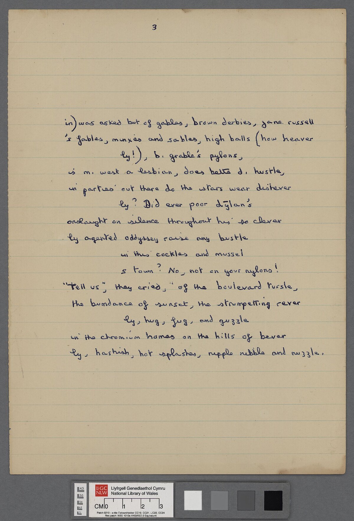 Drafft o 'Letter to Loren' (1951), sef llythyr gan Dylan Thomas wedi'i ysgrifennu ar fydr i'w ffrindiau Lloyd Frankenberg a Loren MacIver wedi iddo dychwelyd i Dalacharn yn dilyn ei daith gyntaf yn America. Ymddengys mae drafft terfynol yw'r llawysgrif hwn, gydag ychydig newidiadau.