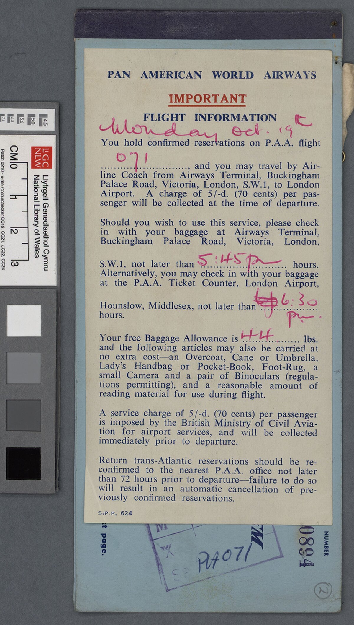 Tocyn awyren Dylan Thomas ar gyfer ei daith i America, wedi'i dyddio 29 Medi 1953.
