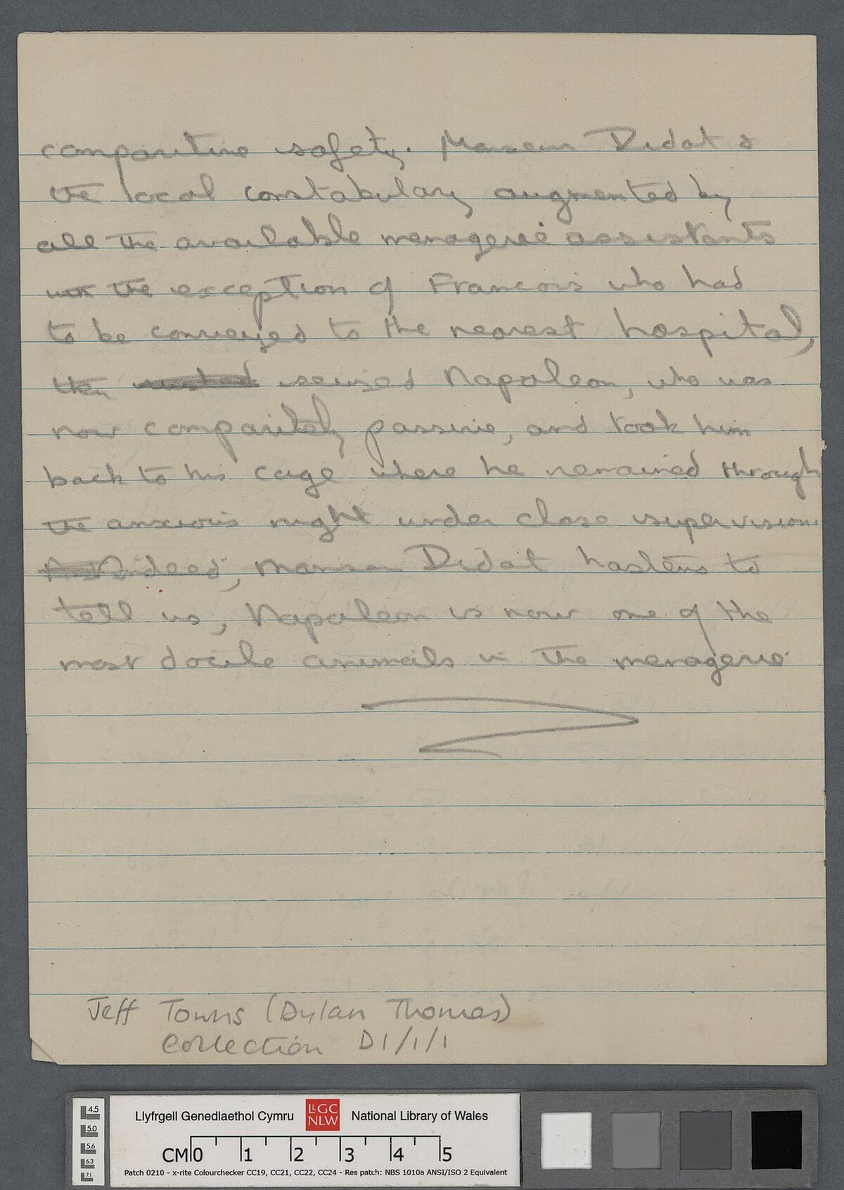 Pedwerydd tudalen drafft cynnar heb deitl, heb ei chyhoeddi o stori fer gan Dylan Thomas.