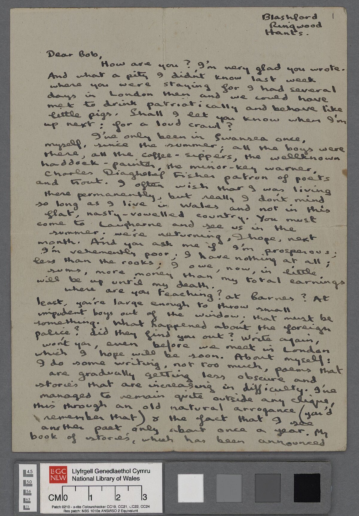Llythyr heb ddyddiad, o bosibl wedi ei ysgrifennu yn Ionawr 1939, at gyn ffrind ysgol Dylan Thomas, Bob Rees, yn cyfeirio at Abertawe, ac yn trafod 'In the direction of the beginning', a dylanwad Gerard Manley Hopkins ar ei waith ysgrifennu.