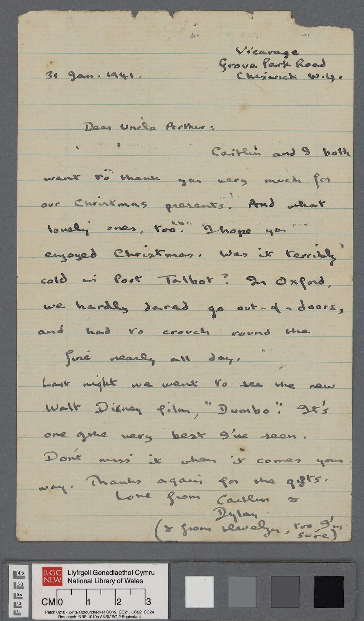 Llythyr oddi wrth Dylan Thomas, dyddiedig 31 Ionawr 1941, at ei ewythr, Arthur Thomas. Yn y llythyr, mae'n diolch iddo am yr anrhegion Nadolig a gafodd ac yn cyfeirio at y ffilm Disney newydd ar y pryd, 'Dumbo'.