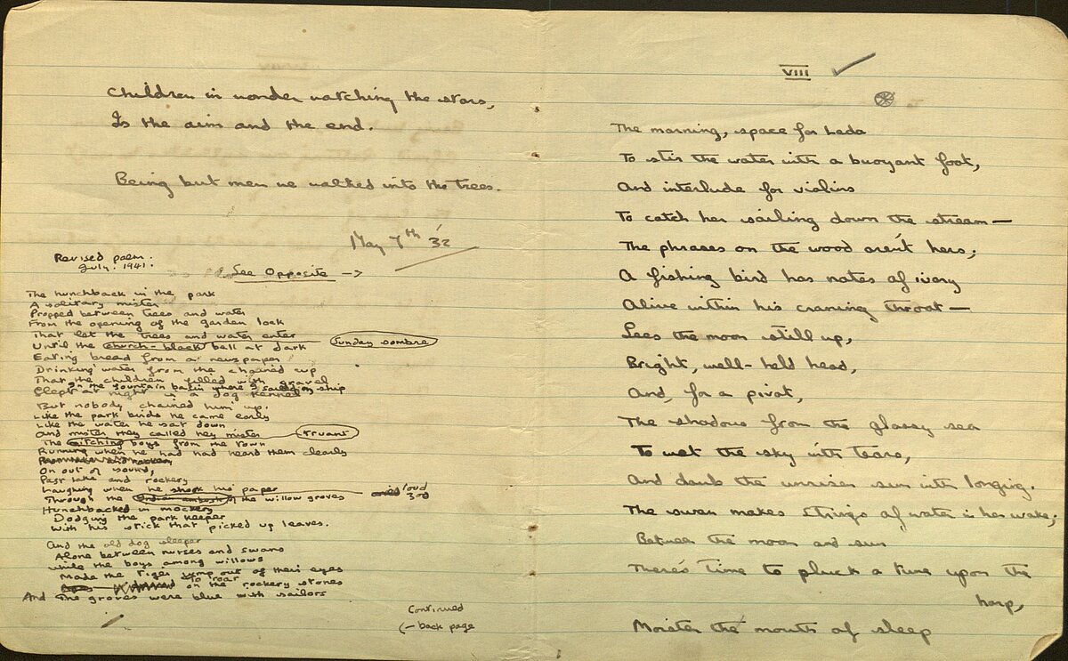 Drafft o'r gerdd, 'The Hunchback in the Park', o Lyfr Nodiadau 1932.