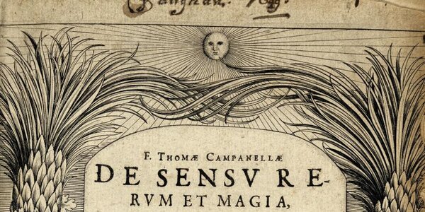 Hanner uchaf tudalen deitl 'De sensu rerum et magia' gan Tommaso Campanella gan gynnwys llofnod Henry Vaughan