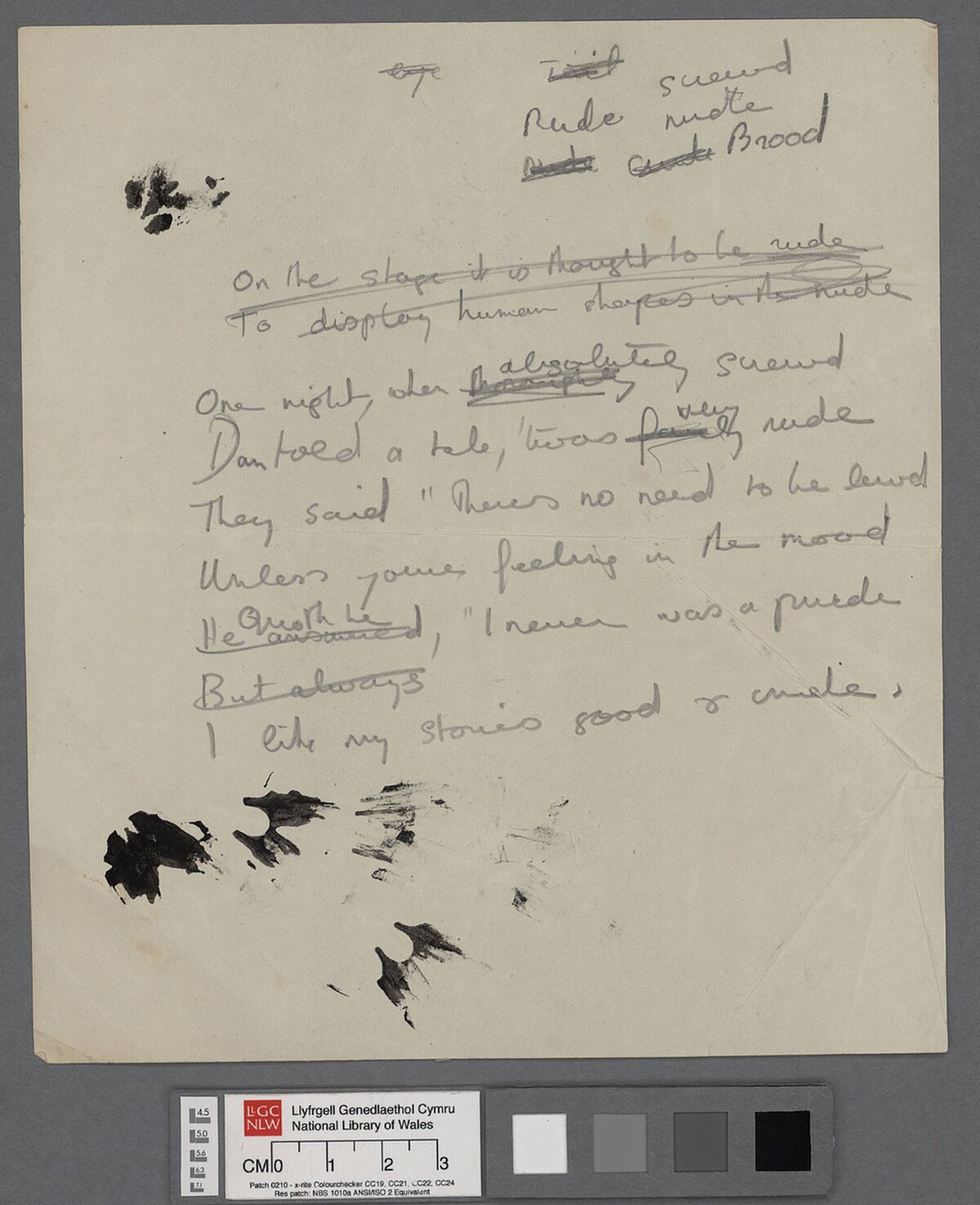 Limrig heb deitl gan Dylan Thomas, wedi'i hysgrifennu am ei ffrind Daniel Jones, gyda detholiad o eiriau sy'n odli wedi'u nodi ar dop y dudalen.