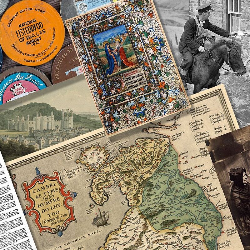 Llun o wahanol gasgliadau yn cynnwys map, llawysgrif a ffotograffau