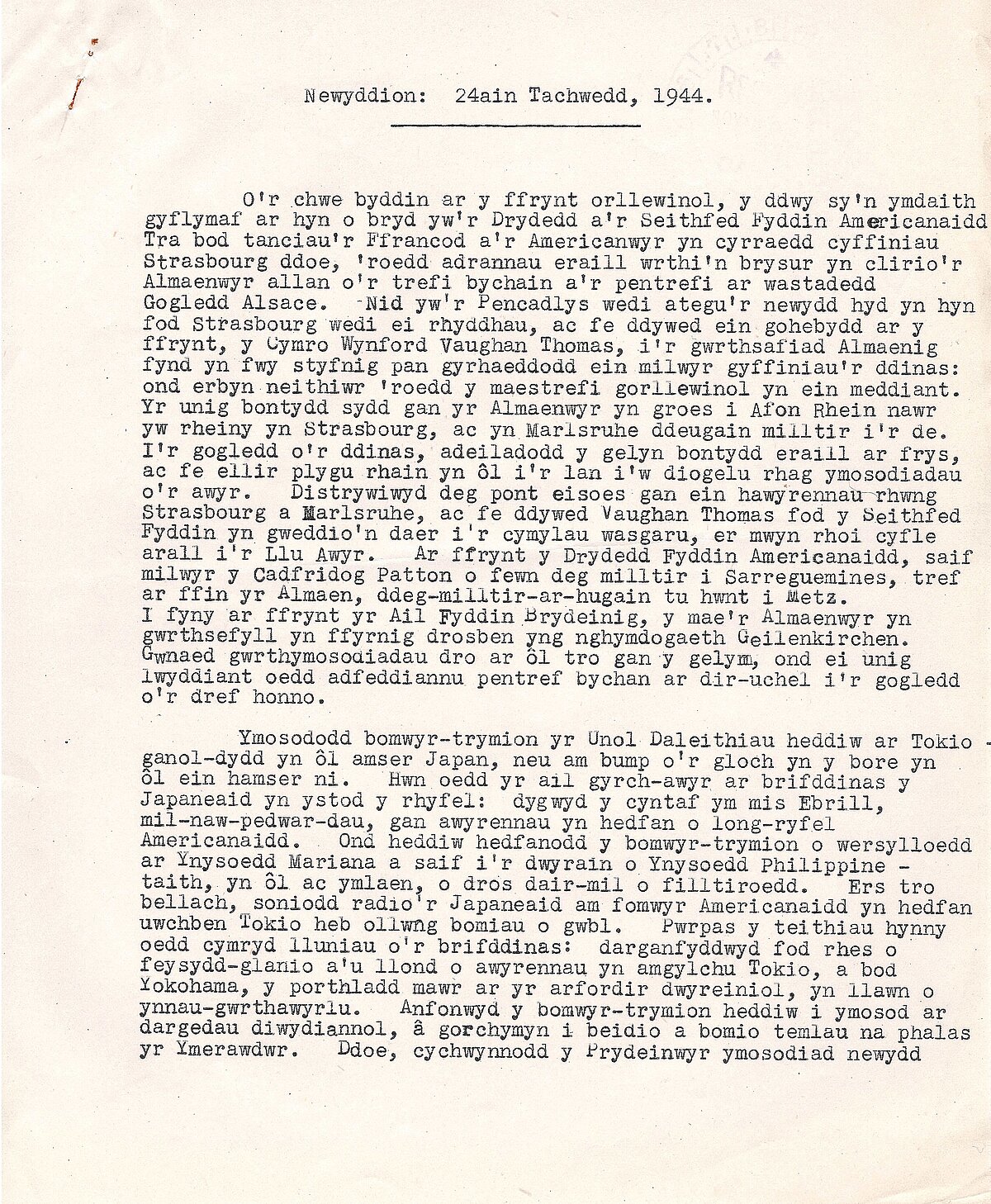 Sgript Gymraeg newyddion ar gyfer Tachwedd 24ain 1944.