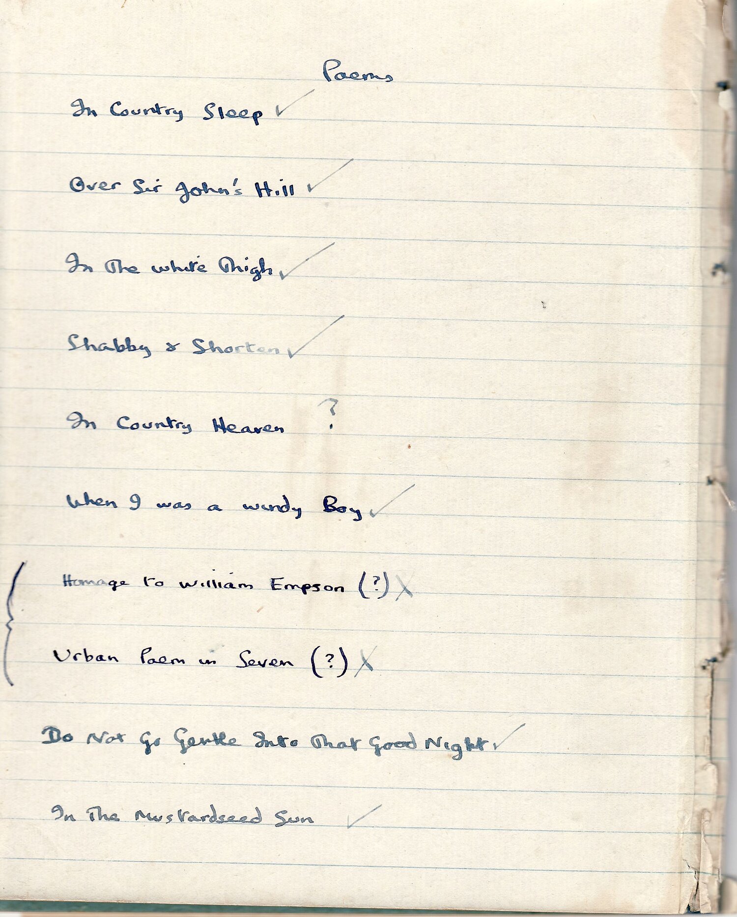 Rhestr gynnwys Llyfr Nodiadau 1949-1951.