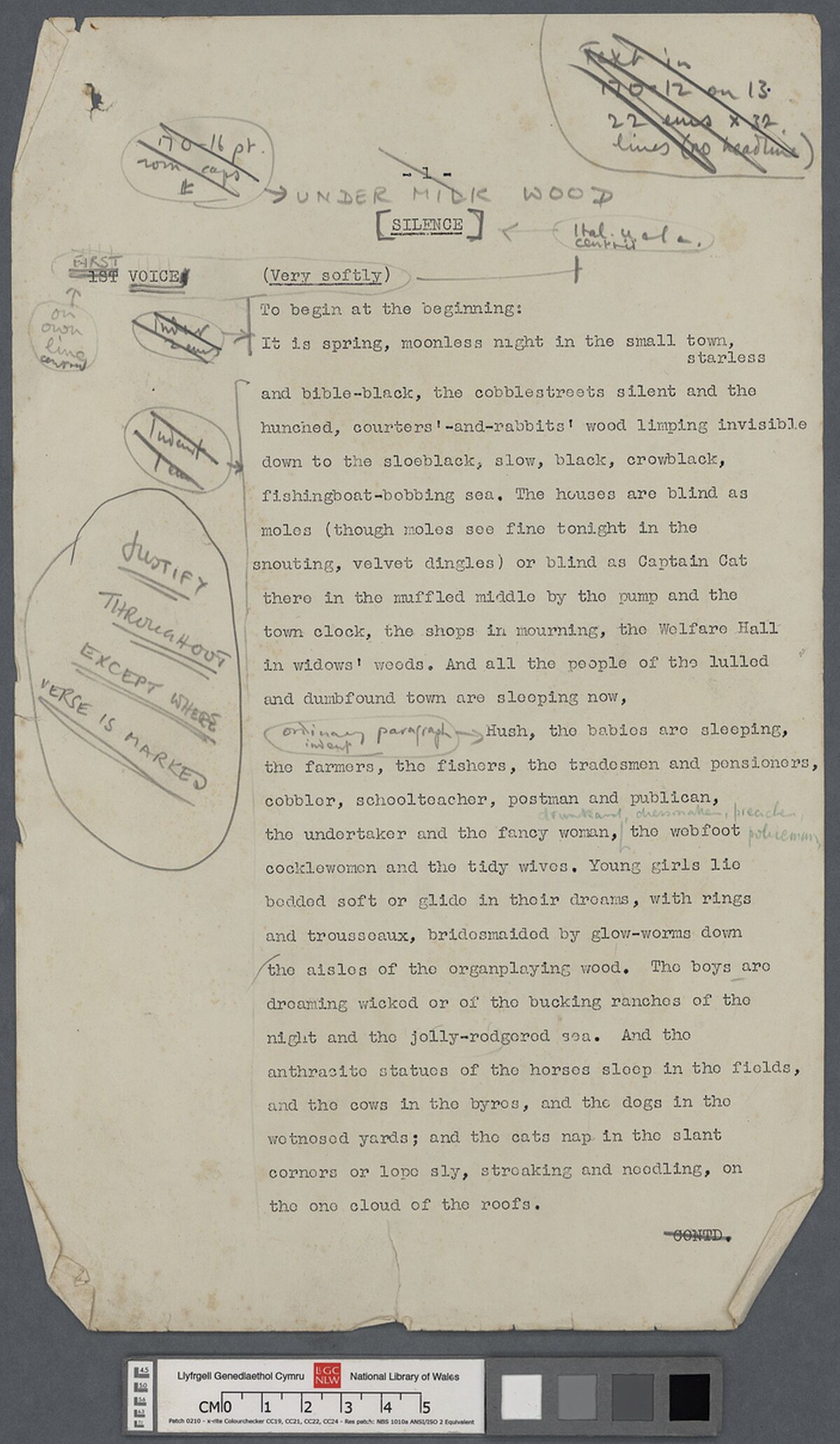 Sgript 1953 o Under Milk Wood, gyda nodiadau yn llaw Dylan Thomas a Daniel Jones. Mae'r waled, yr oedd y sgript ynddi, wedi'i labelu fel "1 of New York scripts".