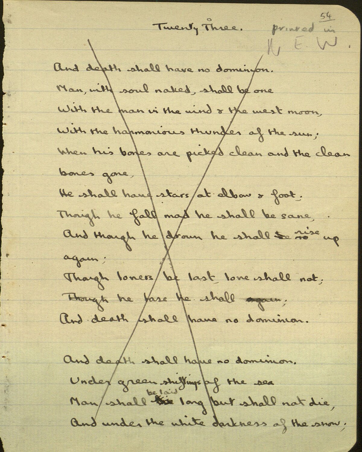 Drafft o'r gerdd, 'And Death Shall Have No Dominion', o Lyfr Nodiadau 1933.