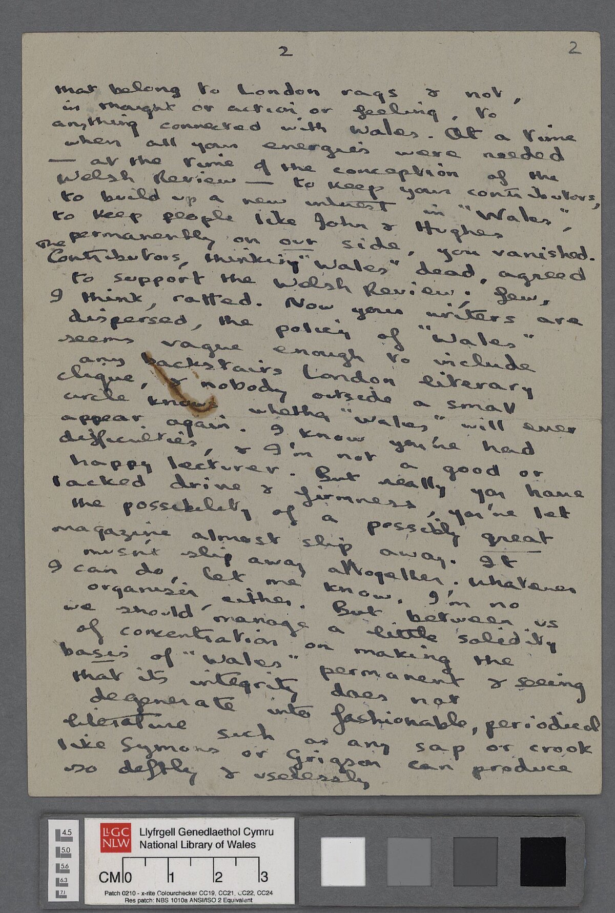 Trydydd dudalen llythyr, dyddiedig 7 Ionawr 1938, at Keidrych Rhys, yn mynegi ei rwystredigaeth gyda Rhys a'i gylchgrawn 'Wales'.
