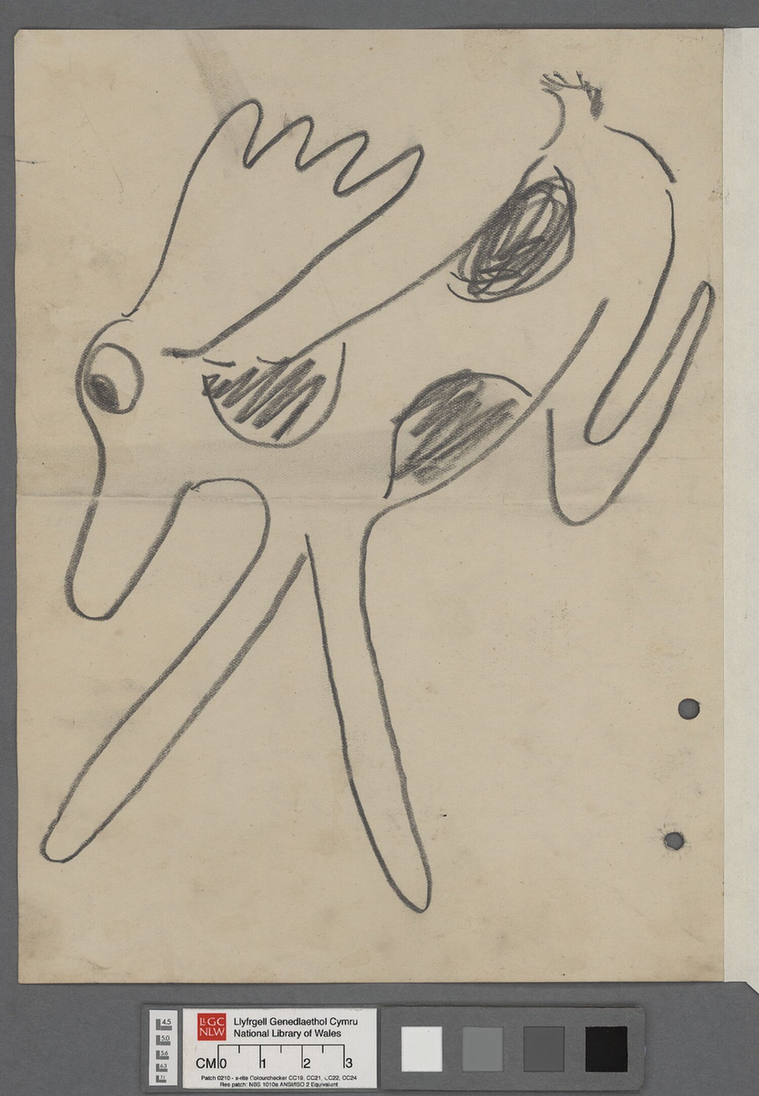 Darlun o anifail, ymddangoswyd fel ci, yn llaw Dylan Thomas.