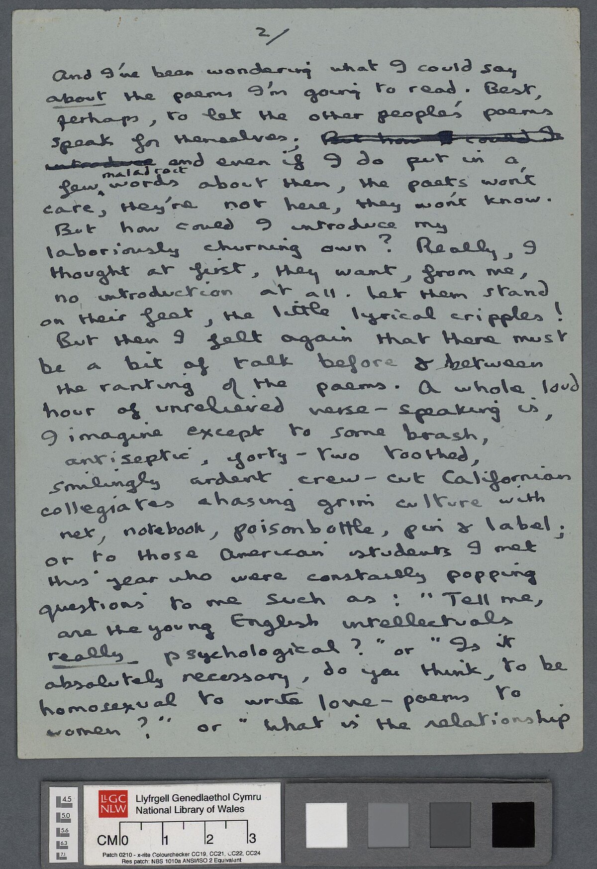 Ail dudalen drafft, yn cynnwys nifer o newidiadau, o gyflwyniad i ddarlleniad barddoniaeth gan Dylan Thomas.