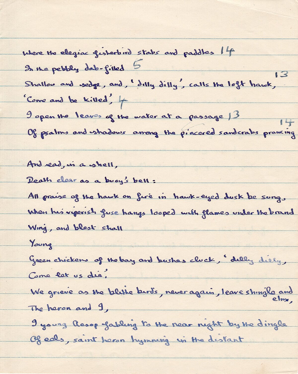Drafft o'r gerdd, 'Over Sir John's Hill', o Lyfr Nodiadau 1949-1951.