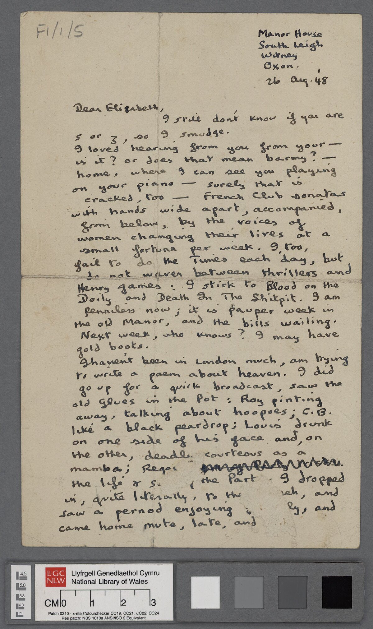 Llythyr, dyddiedig 26 Awst 1948, at Elizabeth Lutyens yn trafod ei waith a'i dlodi.