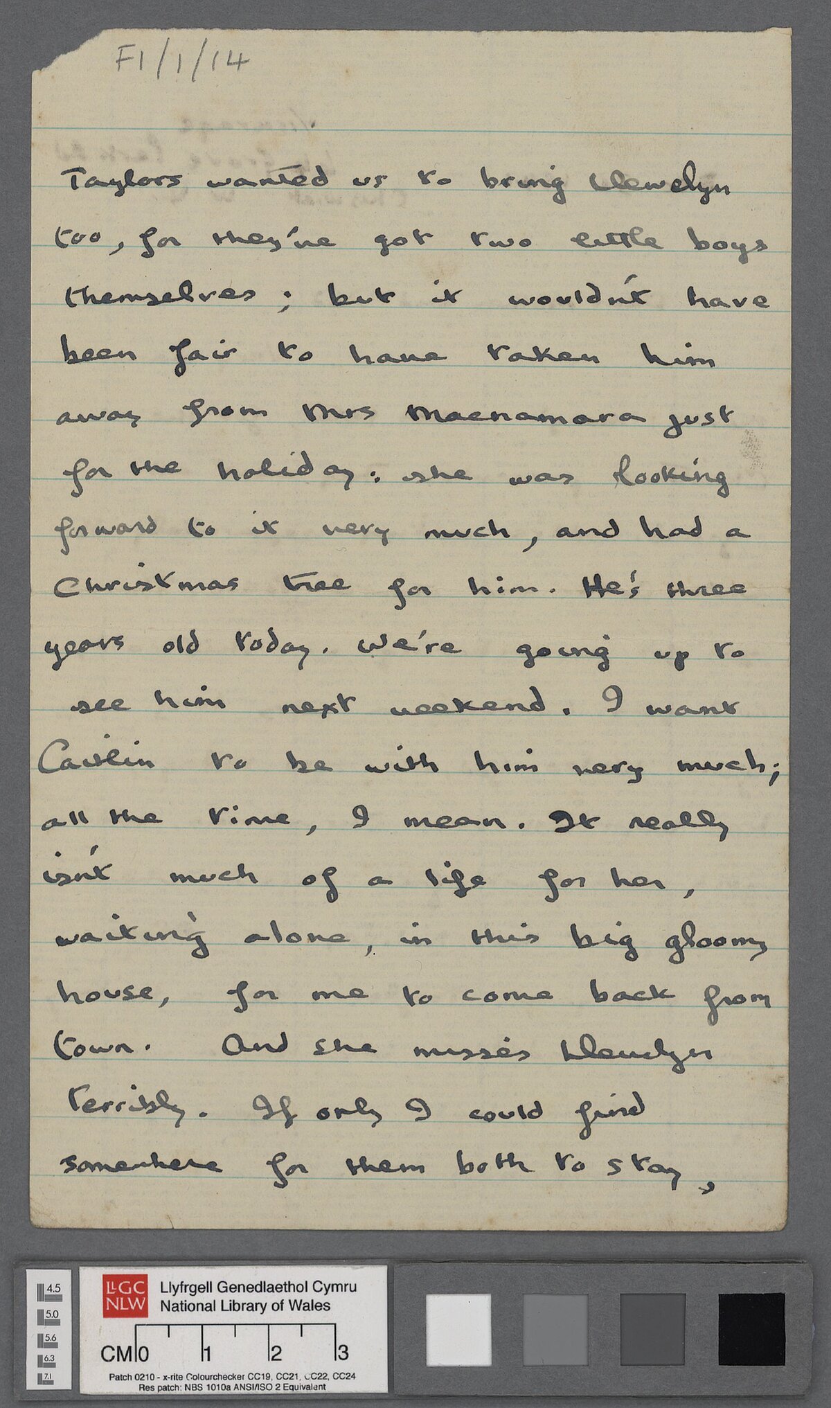 Ail dudalen llythyr, dyddiedig 31 Rhagfyr 1941, oddi wrth Dylan, wedi'i gyfeirio at ei rieni D.J. a Florence Thomas yng Nghaerfyrddin. Ynddo, mae’n diolch iddynt am yr anrhegion Nadolig ac yn sôn am ei waith diweddar ar ffilmiau gwybodaeth a sgriptiau radio.