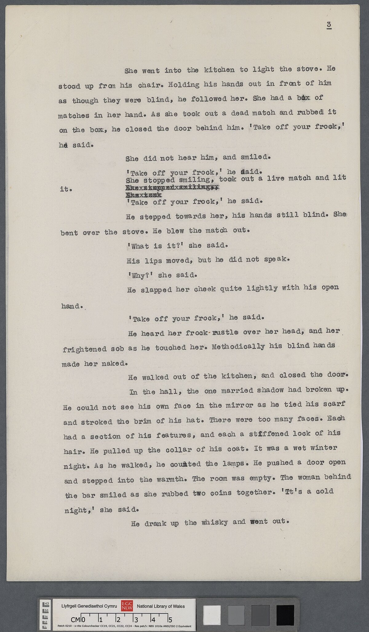 Trydedd dudalen copi teipysgrif, gydag ambell gywiriad, o stori yn dwyn y teirl 'The Vest'. Cofnodwyd y gawith hwn am y tro cyntaf yn 'Llyfr nodiadau coch', 1934.