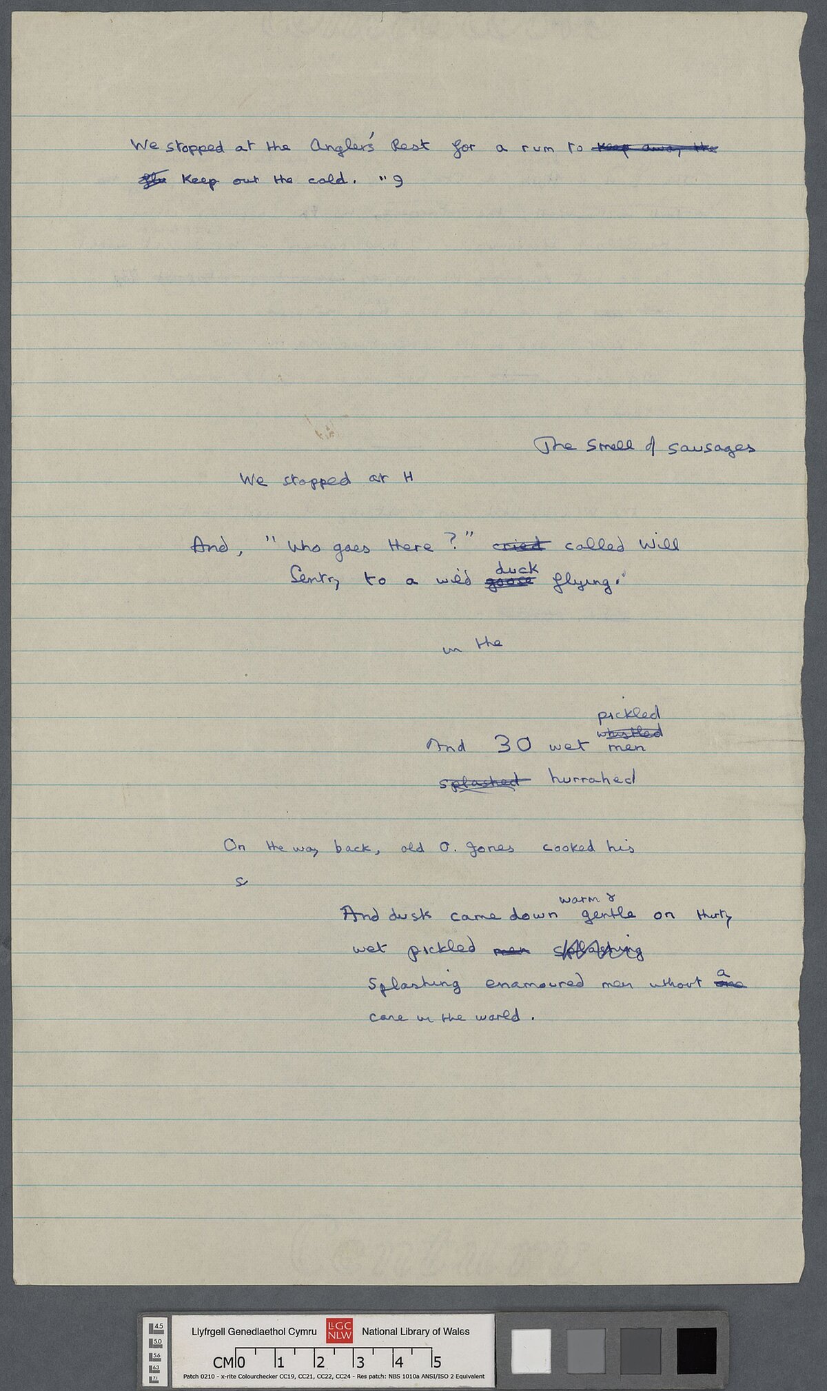 Chweched tudalen drafft llawysgrif o un o storïau enwocaf Dylan, 'A Story', neu, 'The Outing'.