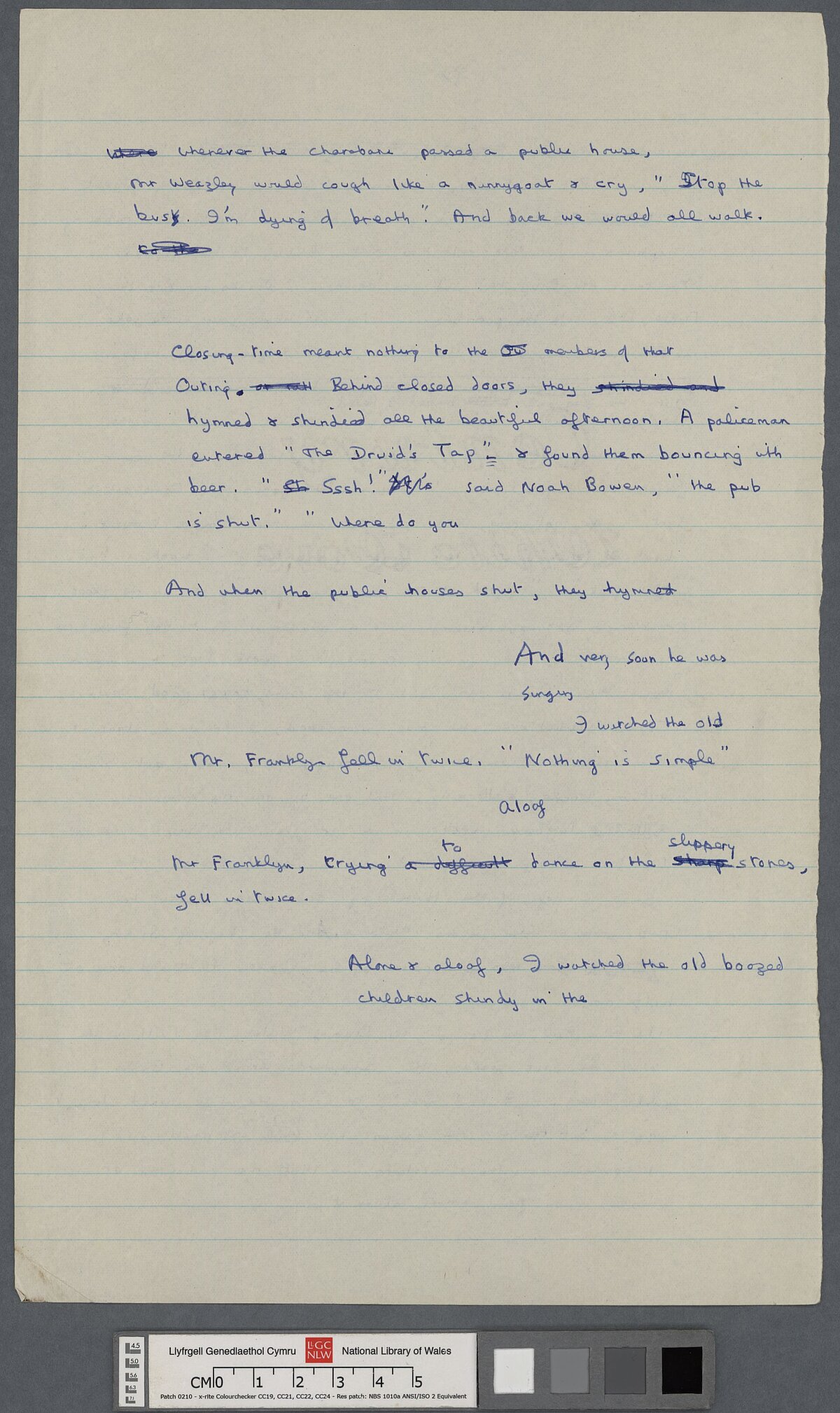 Pedwerydd tudalen drafft llawysgrif o un o storïau enwocaf Dylan, 'A Story', neu, 'The Outing'.