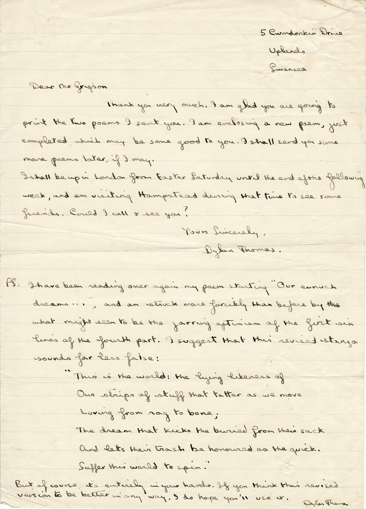 Llythyr oddi wrth Dylan Thomas at Geoffrey Grigson, 27 Mawrth 1934.