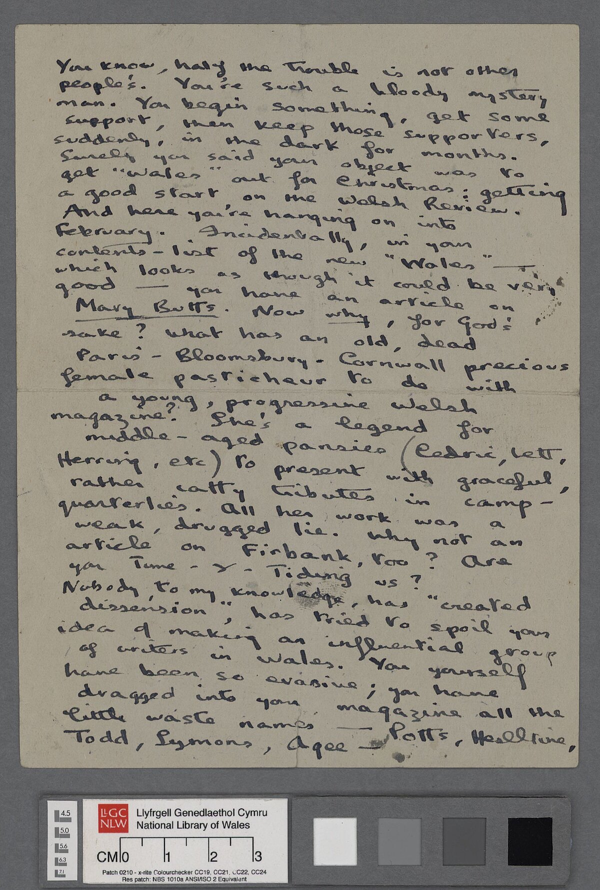 Ail dudalen llythyr, dyddiedig 7 Ionawr 1938, at Keidrych Rhys, yn mynegi ei rwystredigaeth gyda Rhys a'i gylchgrawn 'Wales'.