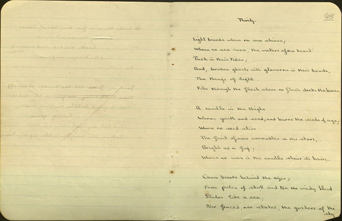 Drafft o'r gerdd, 'Light breaks where no sun shines', o Lyfr Nodiadau 1934.