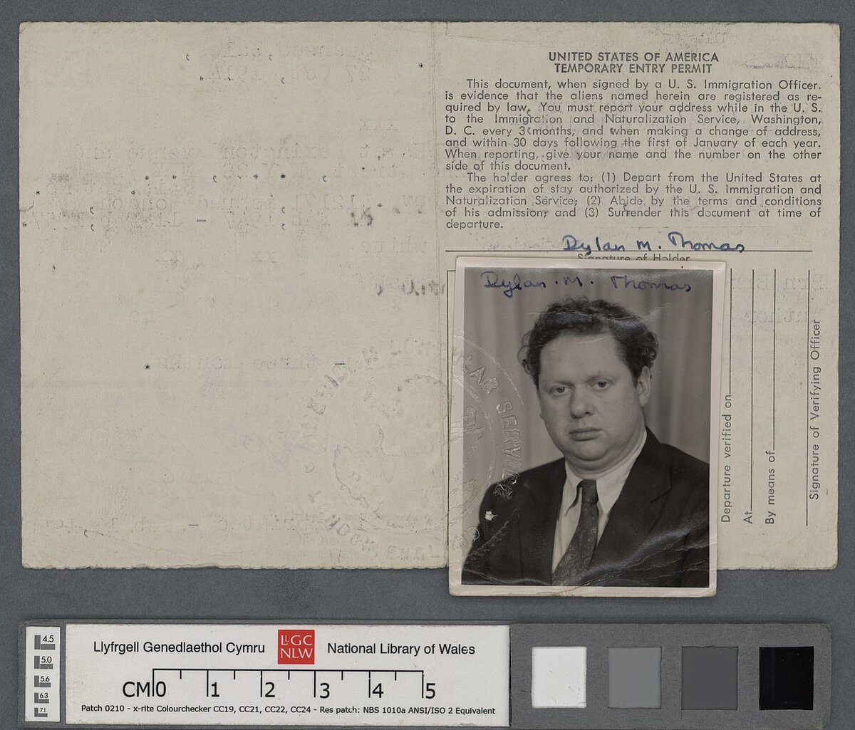 Trwydded Mynediad dros dro Dylan Thomas i'r UDA ar gyfer ei daith olaf o America, wedi'i dyddio 20 Hydref 1953.