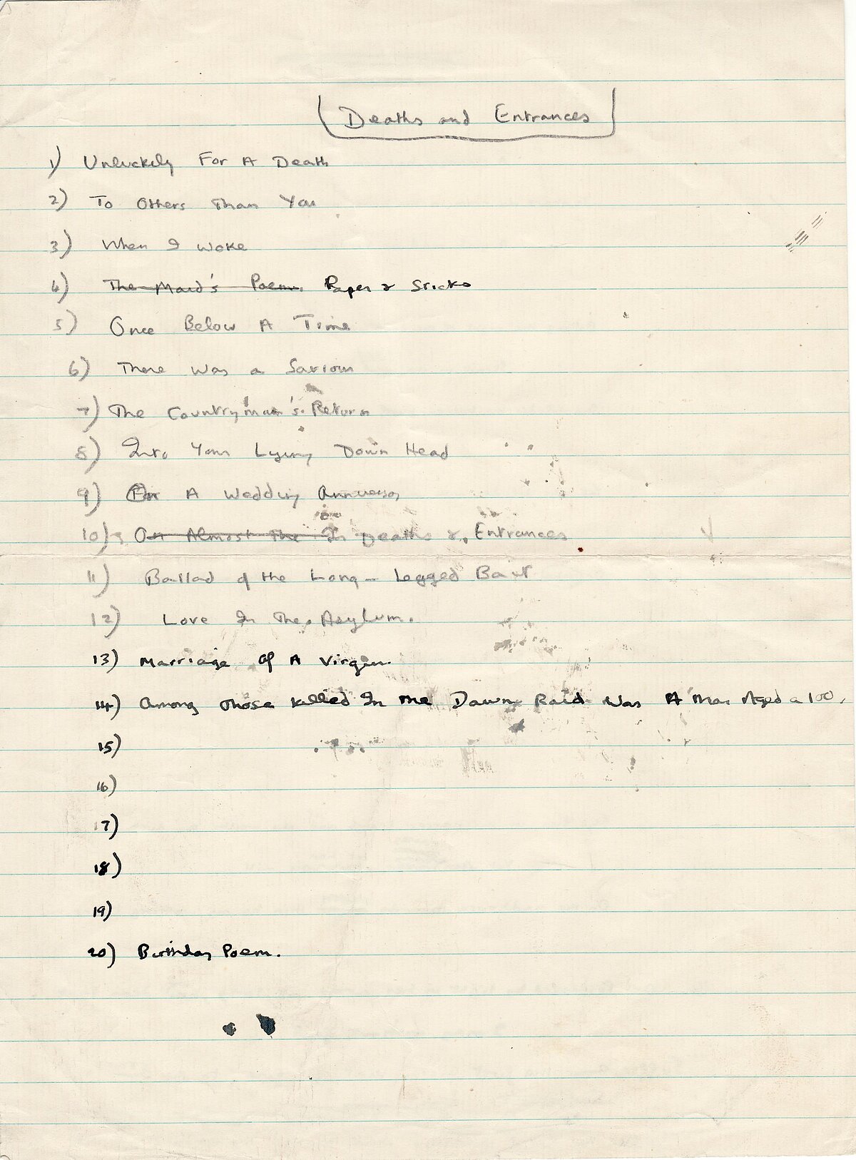 Rhestr o gerddi posib i ymddangos yn y gyfrol 'Deaths and Entrances'.