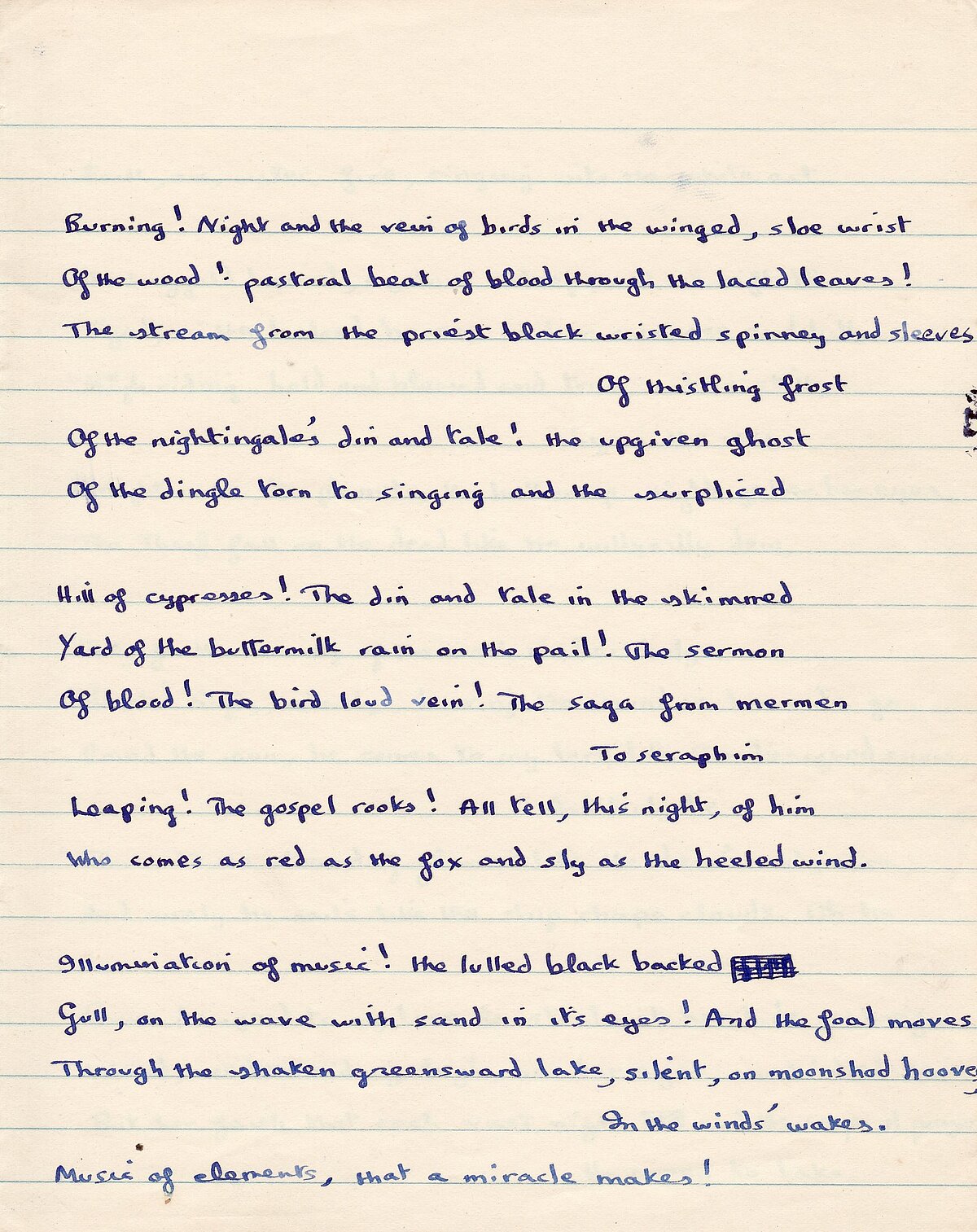 Drafft o'r gerdd, 'In Country Sleep', o Lyfr Nodiadau 1949-1951.