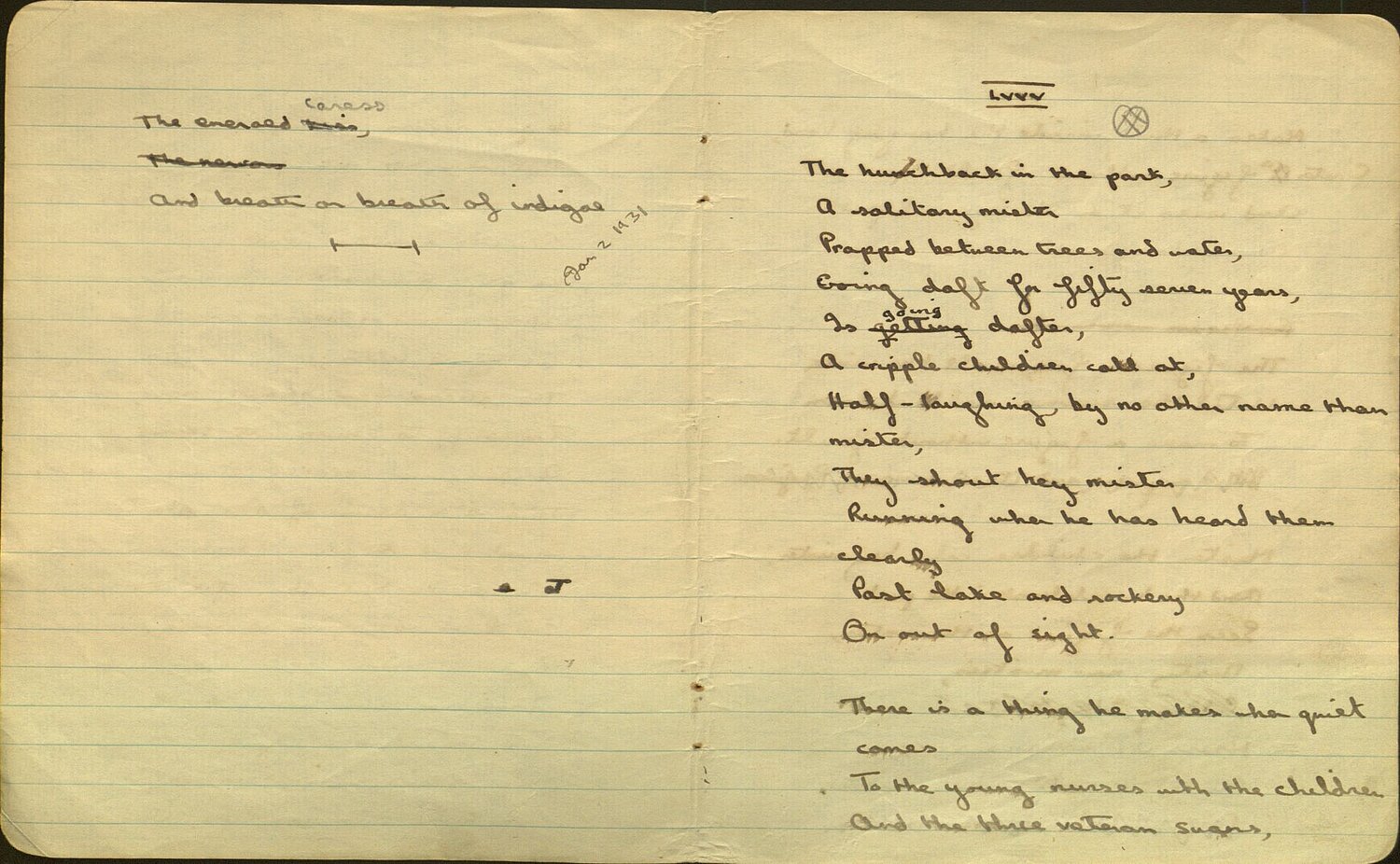 Drafft o'r gerdd, 'The Hunchback in the Park', o Lyfr Nodiadau 1932.