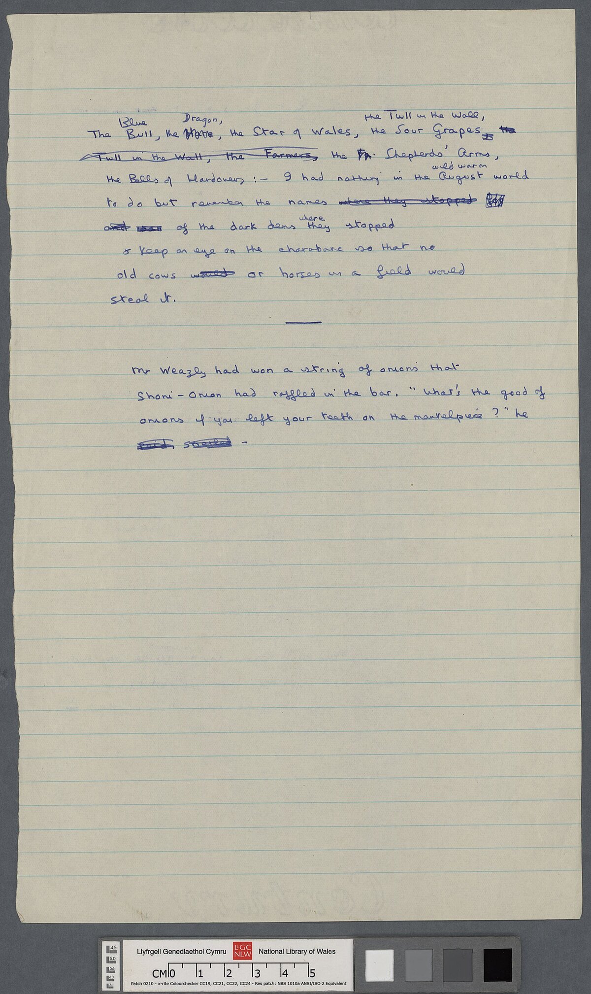 Pumed tudalen drafft llawysgrif o un o storïau enwocaf Dylan, 'A Story', neu, 'The Outing'.