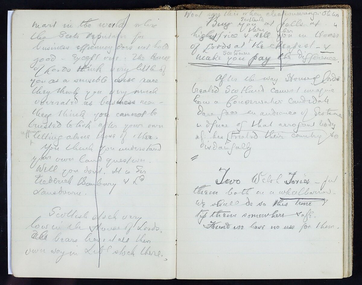 Dwy dudalen o Llyfr Nodiadau Etholiad David Lloyd George