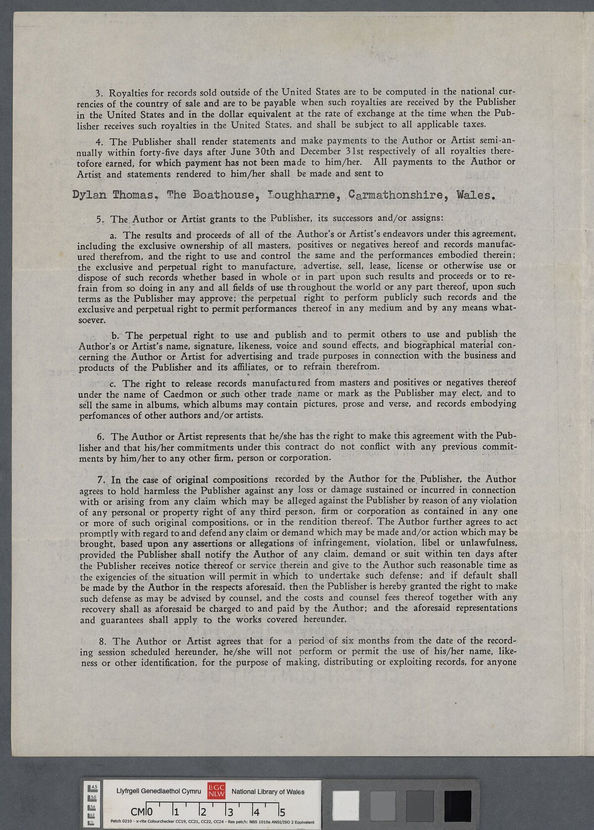 Cytundeb ar gyfer sesiwn recordio gyda Caedmon Publishers, 17 Mai 1953, ar gyfer 'Poetry by Yeats' and 'Poetry and Prose by Dylan Thomas'.