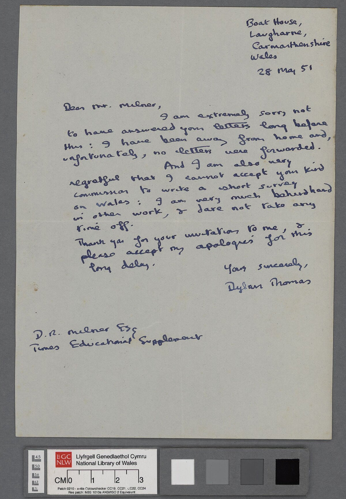 Llythyr, dyddiedig 28 Mai 1951, at Donald R. Milner o'r Times Educational Supplement, yn gwrthod gwahoddiad i ysgrifennu 'a short survey of wales'.'.
