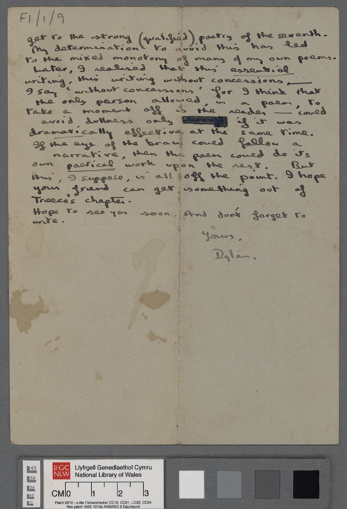 Pedwerydd dudalen llythyr heb ddyddiad, a ysgrifennwyd o bosibl ym mis Ionawr 1939, at gyn-gyfaill ysgol Dylan Thomas, Bob Rees, lle mae’n cyfeirio at Abertawe, ac yn trafod ‘I gyfeiriad y dechrau’, a dylanwad Gerard Manley Hopkins ar ei ysgrifennu.
