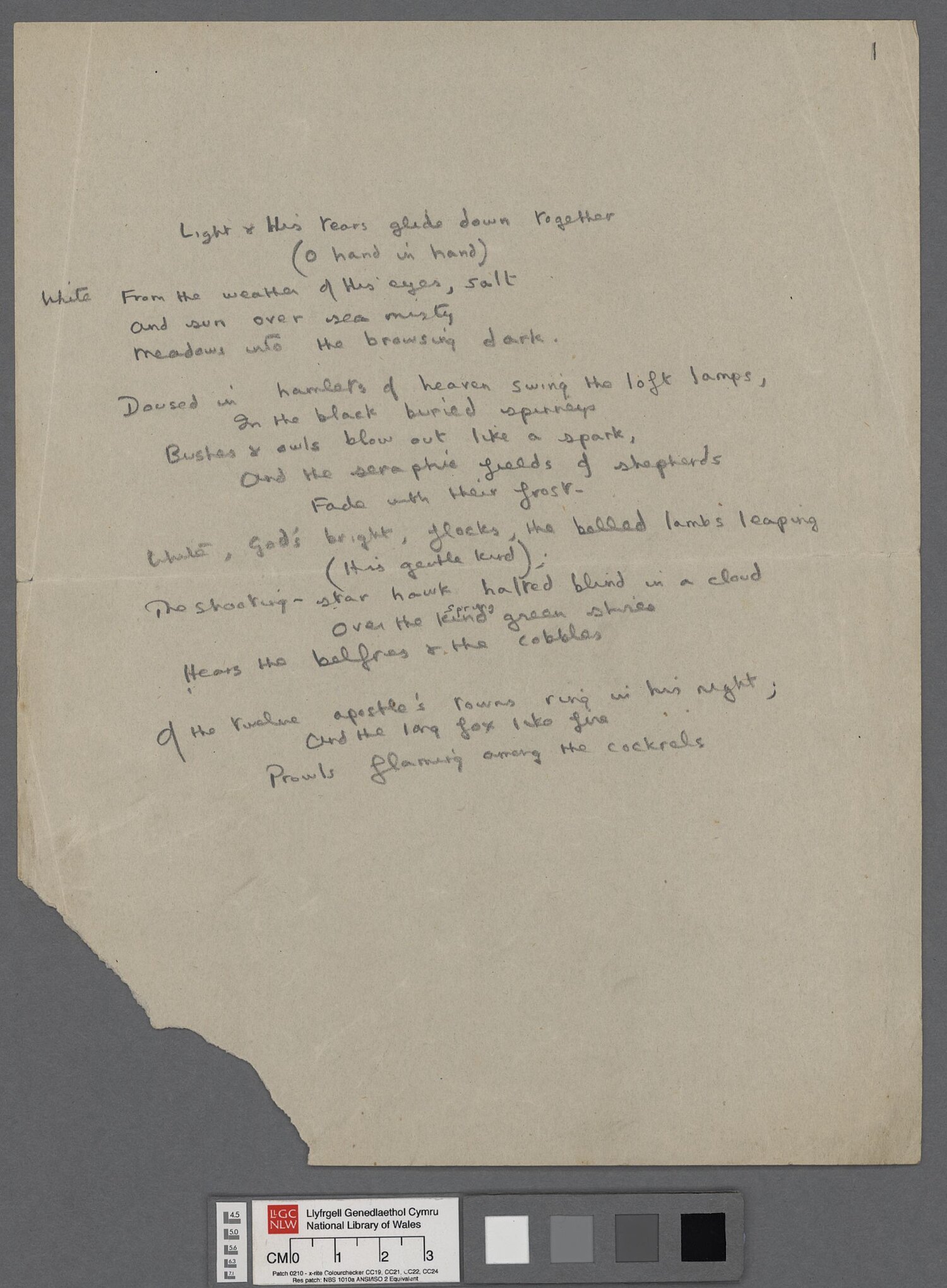 Nodiadau llawysgrif wedi'u llunio gan Dylan Thomas wrth gyfansoddi'r gerdd anorffenedig, 'In Country Heaven'.